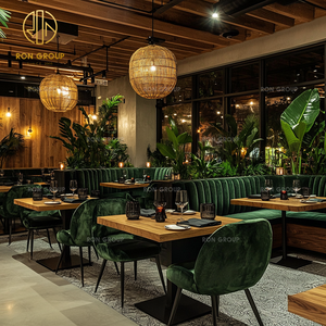 हॉट सेलिंग पिज्जा कैफे ग्रीन वुड वर्ग टेबल और मखमली चेयर सेट सोफे बूथ बैठने वाले वाणिज्यिक रेस्तरां फर्नीचर - Product Image 2