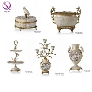 Antique European brass with porcelain bird candlestick vase luxury double layer fruit dish home decoration decoration flower pot