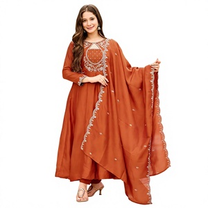 Luxury Rust Orange Silk Georgette Anarkali Gown Suit Heavy Silver Embroidery Flared Frock Style Kurta Pant Indian Pakistani Wedd - Product Image 1