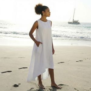 Vestido Maxi Asimétrico de Lino para Mujer con Cuello Halter y Manga Corta, Estilo Sencillo para Verano, Playa y Resort, Venta al por Mayor y Personalizado - Product Image 1
