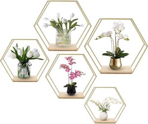Ensemble de 5 étagères flottantes hexagonales murales, décoration murale moderne, adaptées aux chambres, salons, cuisines et bureaux - Product Image 1