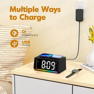 Reloj despertador digital BT de pantalla grande LED multifuncional con función de radio con reloj de escritorio de estación de carga 10WQi