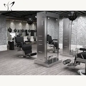 Cermin Salon Kecantikan Perlengkapan Salon Rambut Stasiun Penata Gaya Baja Nirkarat Stasiun Cermin Salon dengan Cahaya
