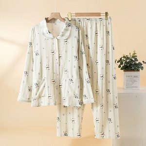 Pyjama long en <span class=keywords><strong>mousseline</strong></span> de coton imprimé pour femme, collection printemps-automne, fin, à manches longues, tenue d'intérieur deux pièces, style doux et frais, ODM - Product Image 3