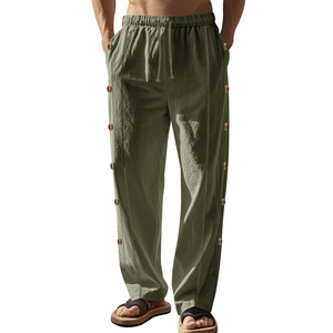 Pantalones de Lino para Hombre, Cintura Elástica con Cordón, Botones Laterales, Color Sólido, Corte Recto Informal, Transpirables, para Uso Diario - Product Image 2