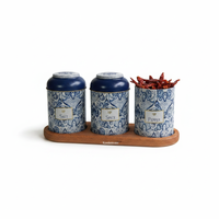 Ensemble de boîtes rondes en métal Kontensan, diamètre 90 mm (3 pièces), motif décoratif bleu et blanc inspiré de l'azulejo