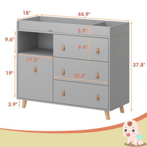 Table à langer grise à 3 tiroirs avec étagère, garde-corps et grand rangement, poubelle dissimulée, idéale pour la chambre de bébé – Vente directe usine - Product Image 3
