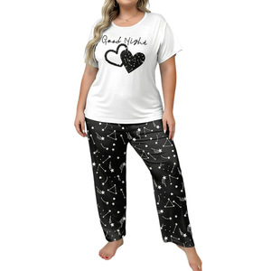 Ventes directes usine OEM – Ensemble pyjama décontracté respirant pour femme, imprimé cœurs, manches courtes et pantalon, grandes tailles, tenue d'intérieur - Product Image 5
