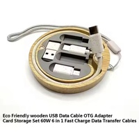 Boîte de rangement en bambou à charge rapide 5A écologique avec kit de câble adaptateur de charge multi-USB type C à C 60W pour utilisation sur ordinateur
