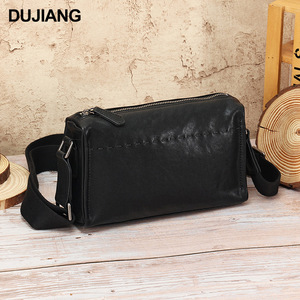 Sac bandoulière homme Dujiang en cuir véritable, design horizontal, cuir tanné végétal noir, sac de voyage décontracté - Product Image 1