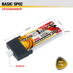 CODDAR <span class=keywords><strong>batteria</strong></span> LiPo 1S 380MAH 3.8V 60C PH2.0 testa di plastica FPV Drone elicottero RC Racing confezioni <span class=keywords><strong>quad</strong></span> quadricottero - Product Image 2