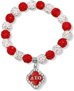 NUORO Trendy Enamel Letter Red And White Round Bead Charm Bangle For Friend Family Gift Greek DST Sorority Jewelry