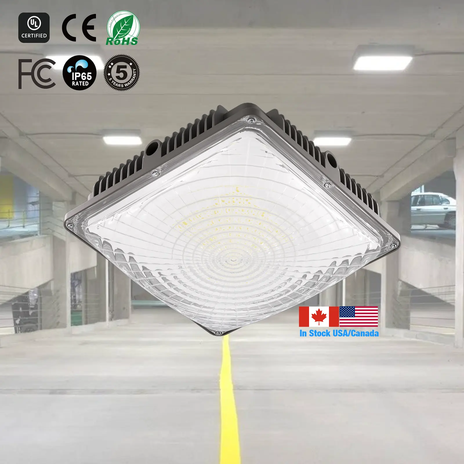 Stock In US Canada Indoor LED Parking Lot Light 150lm/W IP65 50000 Life Hours The LED Canopy Light