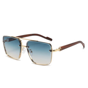 レトロフレームレスメタルスクエアサングラスUV400カスタムロゴ木目調ダブルブリッジパイロットサングラス男女兼用 - Product Image 6