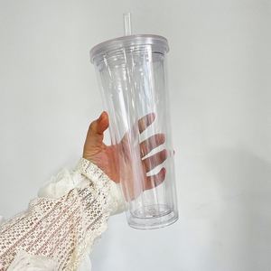 24 Oz Reusable Double Wall <b>Plastic</b> Boba <b>Cups</b> Tumbler Pre-Drilled Bubble Tea <b>Cup</b> With Lids and Straws - Product Image 2