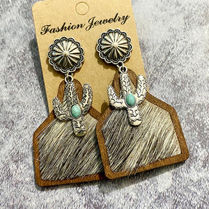 <span class=keywords><strong>Orecchini</strong></span> Vintage in Vera Pelle di Cavallo e Mucca Stile Boho Occidentale per Cowgirl, <span class=keywords><strong>Orecchini</strong></span> Pendenti con <span class=keywords><strong>Cactus</strong></span> e Turchese - Product Image 2