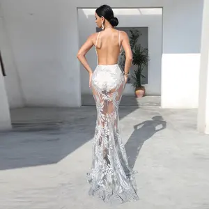 Vestido sexy de renda transparente sem manga, com alça espaguete, para noite