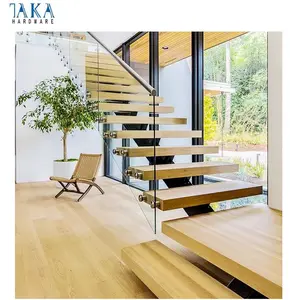 Decoración de escaleras flotantes para el hogar moderno, diseño de escalera, peldaños de madera, fijación con escalera de vidrio de 12mm