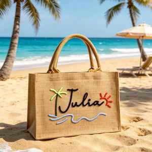 Sac fourre-tout en toile de jute avec nom tissé en coton, sac de plage en jute personnalisé avec monogramme, cadeau pour demoiselle d'honneur, cadeaux de mariage - Product Image 2