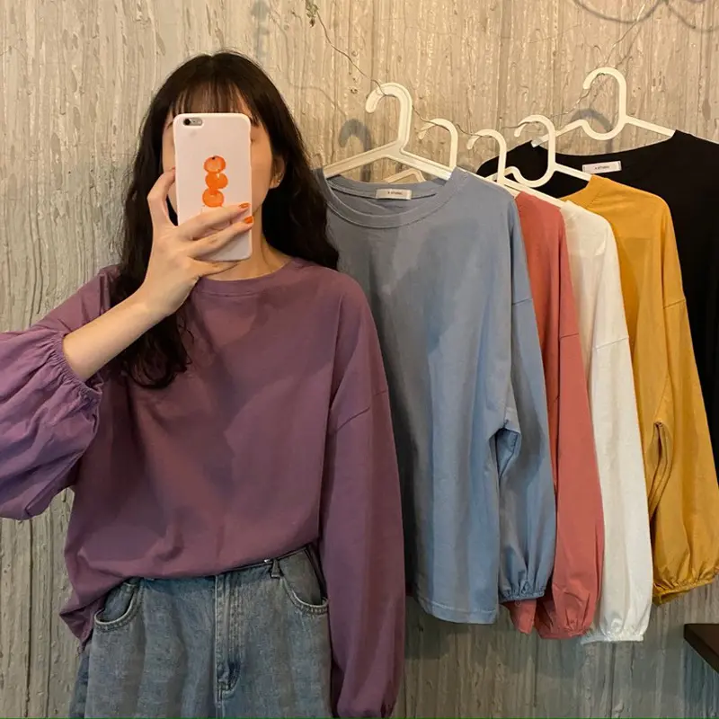 2023 Korean Style Candy Color Long Sleeve Blouses Casual Shirts Girls Minimalism Lantern Sleeve T Shirts Round Neck Pullover Top