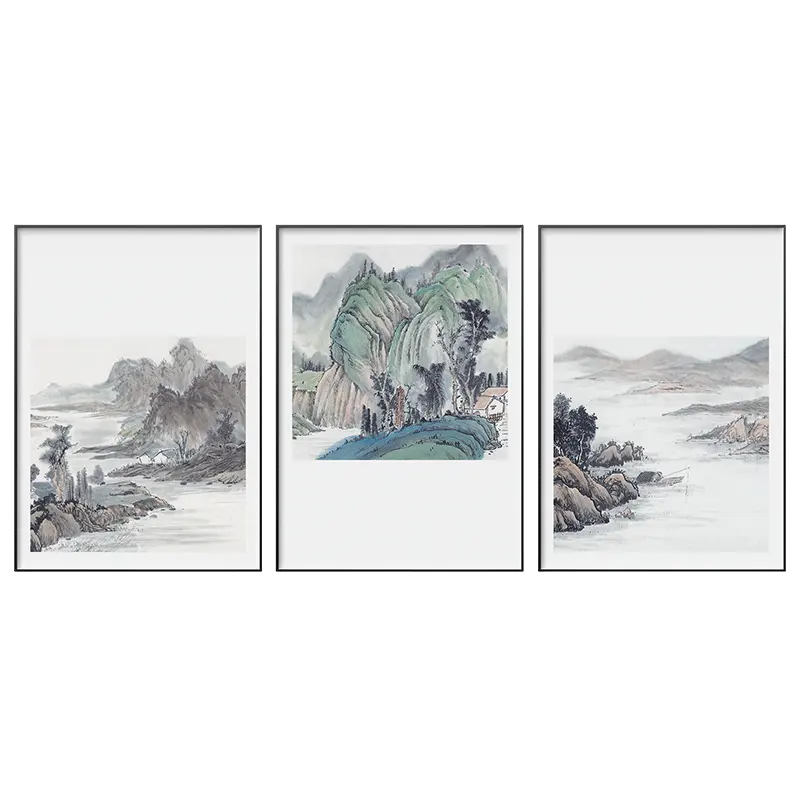ภาพวาดสีน้ำมันบนภูเขาสไตล์จีนแบบดั้งเดิมบนผืนผ้าใบพร้อมกรอบภาพวาดภูมิทัศน์จีนชุดศิลปะภาพวาดภาพศิลปะ