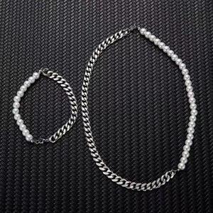 HOVANCI, joyería impermeable para <span class=keywords><strong>hombre</strong></span>, <span class=keywords><strong>cadena</strong></span> de medio Figaro cubano de acero inoxidable, cuentas de <span class=keywords><strong>perlas</strong></span> de concha blanca, <span class=keywords><strong>collar</strong></span> de <span class=keywords><strong>perlas</strong></span> para <span class=keywords><strong>hombre</strong></span>, pulsera - Product Image 4