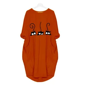 Venta al por mayor vestido de camisa gato diseño-Vestido de mujer de manga larga irregular con bolsillo suelto informal con estampado de gato
