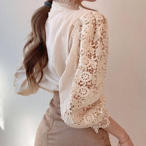 Blusa de Encaje con Mangas de Pétalo, Cuello Alto, Diseño Calado con Flores, Blusa de Encaje para Mujer, Blusa Blanca con <span class=keywords><strong>Botones</strong></span> - Product Image 4