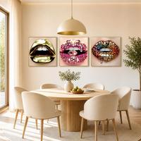 Art mural moderne en porcelaine cristalline encadré de MDF doré en 3 parties, triptyque de luxe Pop Art Lèvres Sexy, impression sur toile pour salon