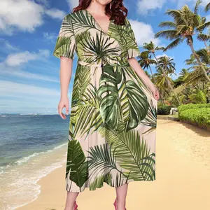 Vestido estilo havaiano com folha monstera, vestido com design tribais polinésia, arte ilha, manga curta, vestido