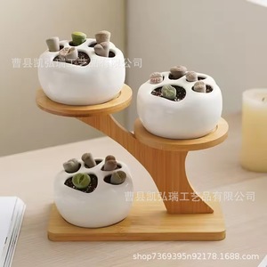 Bamboo double-layer flower <b>stand</b>, desktop bay window bonsai <b>stand</b>, decorative office bookshelf, green plant flower <b>pot</b> <b>stand</b>, - Product Image 3