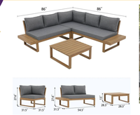 Ensemble de canapé modulaire d'extérieur en forme de L en bois de bouleau au design moderne, avec coussins gris foncé amovibles et cadre en aluminium, plateau de café en lattes