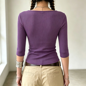 Camiseta de punto para mujer con cuello redondo, encaje acanalado y patchwork, manga tres cuartos, de elastano/poliéster, para otoño - Product Image 2