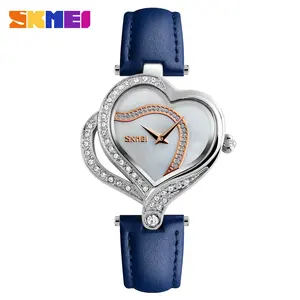 SKMEI 9161时尚女性珠宝手表女性心形手表真皮表带女孩手表