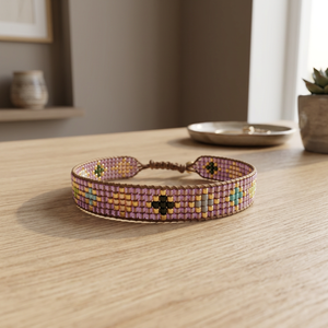 Sstringz handmade Lavender Purple Miyuki delica <b>Bead</b> <b>Bracelet</b> with Gold and Turquoise Geometric Pattern Adjustable Boho Jewelry - Product Image 3