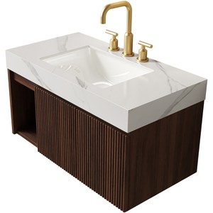 Mobile Bagno <span class=keywords><strong>EIDEN</strong></span> 36 Pollici con Lavabo, Armadietto Sospeso, Top in Pietra Sinterizzata Bianco Carrara e Lavabo in Ceramica con 3 Fori Pre-forati - Product Image 4