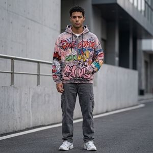 Sweat à capuche zippé surdimensionné pour homme, en molleton de coton épais, délavé à l'acide, avec broderie graffiti et épaules tombantes, personnalisable en gros - Product Image 3