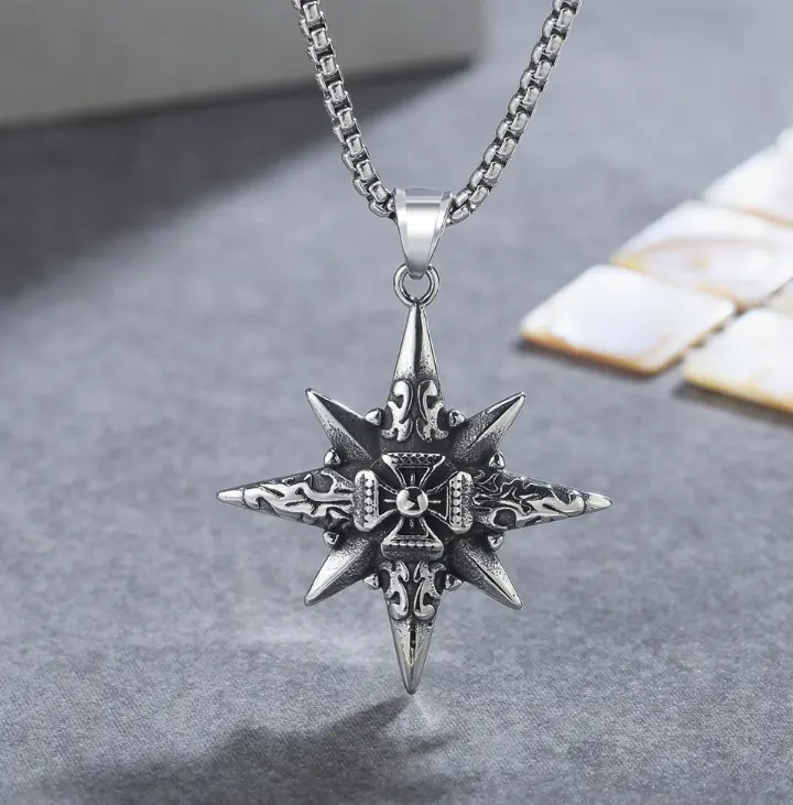 Octagon Compass Cross Stainless Steel Wholesale Viking Jewelry Necklace Men Pendant Necklace