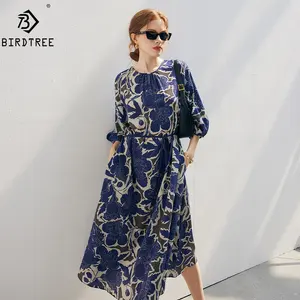 Birdtree 6A 100% असली शहतूत रेशम कपड़े महिलाओं क्रेप डी सिलसिला हे गर्दन मुद्रित ढीला कार्यालय Workwear मिडी ड्रेस ग्रीष्मकालीन d36503JM