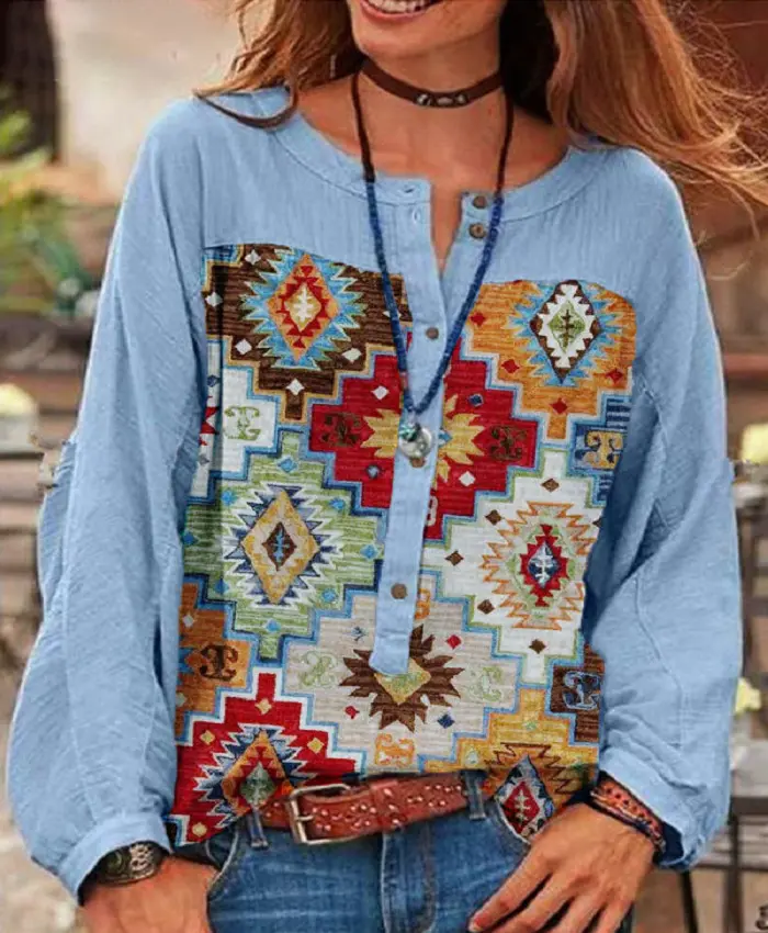 Individuelle aztekische bedruckte Übergröße Damenbekleidung Oberteile lange Ärmel T-Shirt Damenblusen 2022