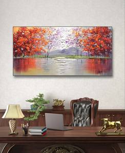 Pintura al Óleo Vibrante de <span class=keywords><strong>Paisaje</strong></span> <span class=keywords><strong>Otoñal</strong></span> con Lago y Bosque Rojo, Arte Mural Moderno Abstracto en Lienzo - Product Image 2