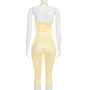 Viviblook D26ST277 Women <b>Sexy</b> Sleeveless Striped Print Halter Vest Crop Top High Waist Tight Fitting Cropped Pants 2 Pieces <b>Set</b> - Product Image 3