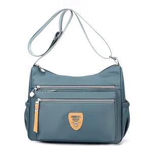 Sacola de compras feminina urbana elegante leve e impermeável em tecido de nylon forro de lona única com fecho de correr portátil crossbody