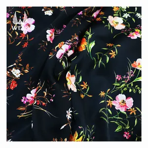WI-E15 Fashionable black florals pattern digital print fabric stock scuba crepe satin fabrics in pakistan