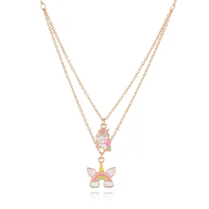 New Design Zinc Alloy Enameled Unicorn Pendant Cute Gold Plated Link Chain Jewelry For Girls