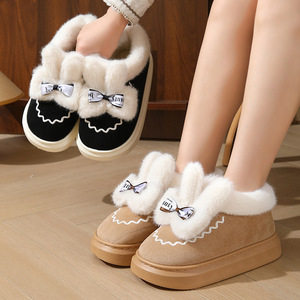 Chaussons d'hiver pour femmes à semelle épaisse en EVA, doublés de fourrure, lumineux, doux, pour la maison, avec nœud décoratif, en velours et cuir, chauds et confortables - Product Image 3