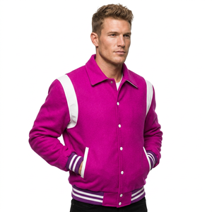 Chaqueta Varsity Rosa para Hombre, Estilo Preppy, Cuello Camisero, Corte Regular, Cierre de Botón, Material de Poliéster, Ropa de Otoño 2027 - Product Image 1