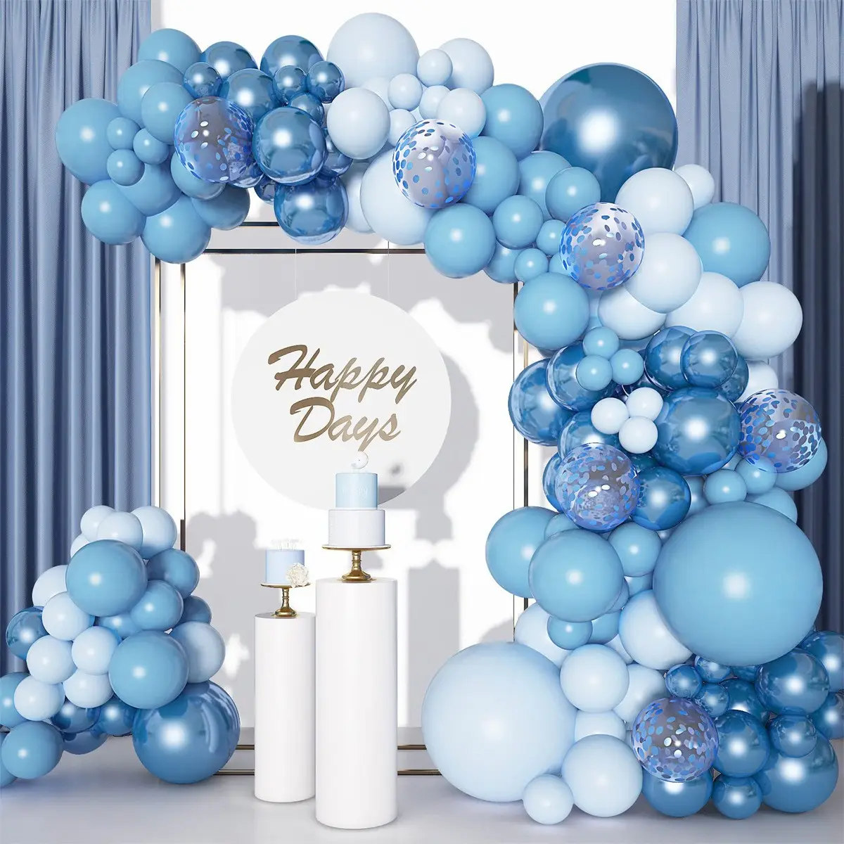 Kit de guirnaldas de arco de globos DIY, 104 Uds., globos de fiesta metálicos de confeti azul para 1er cumpleaños y boda Baby Shower