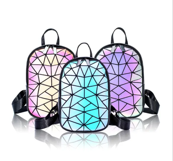 new original luminous rainbow colorful reflective large capacity travel shoulder geometric pu backpack bag for ladies school