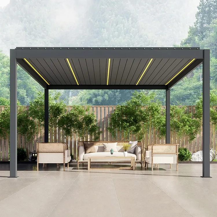 Oweado Factory Pergola en aluminium 3x4 avec volets roulants extérieurs contemporains avec système de toiture pergola terrasse avec portes coulissantes en verre